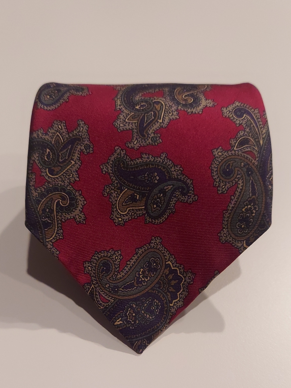Vintage Pure Silk By Wembley Red Paisley Silk Tie with Navy and Gold Accents